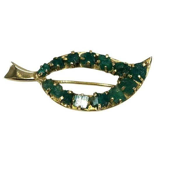 Raw Emerald Brooch Pin 18k Yellow Gold Leaf Shape Vintage Artisan STUNNING LI613 - Picture 10 of 15